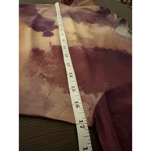 Zara Long Sleeve Sheer Watercolor Print Bodysuit L Purple Brown Going Out Top - Picture 6 of 7